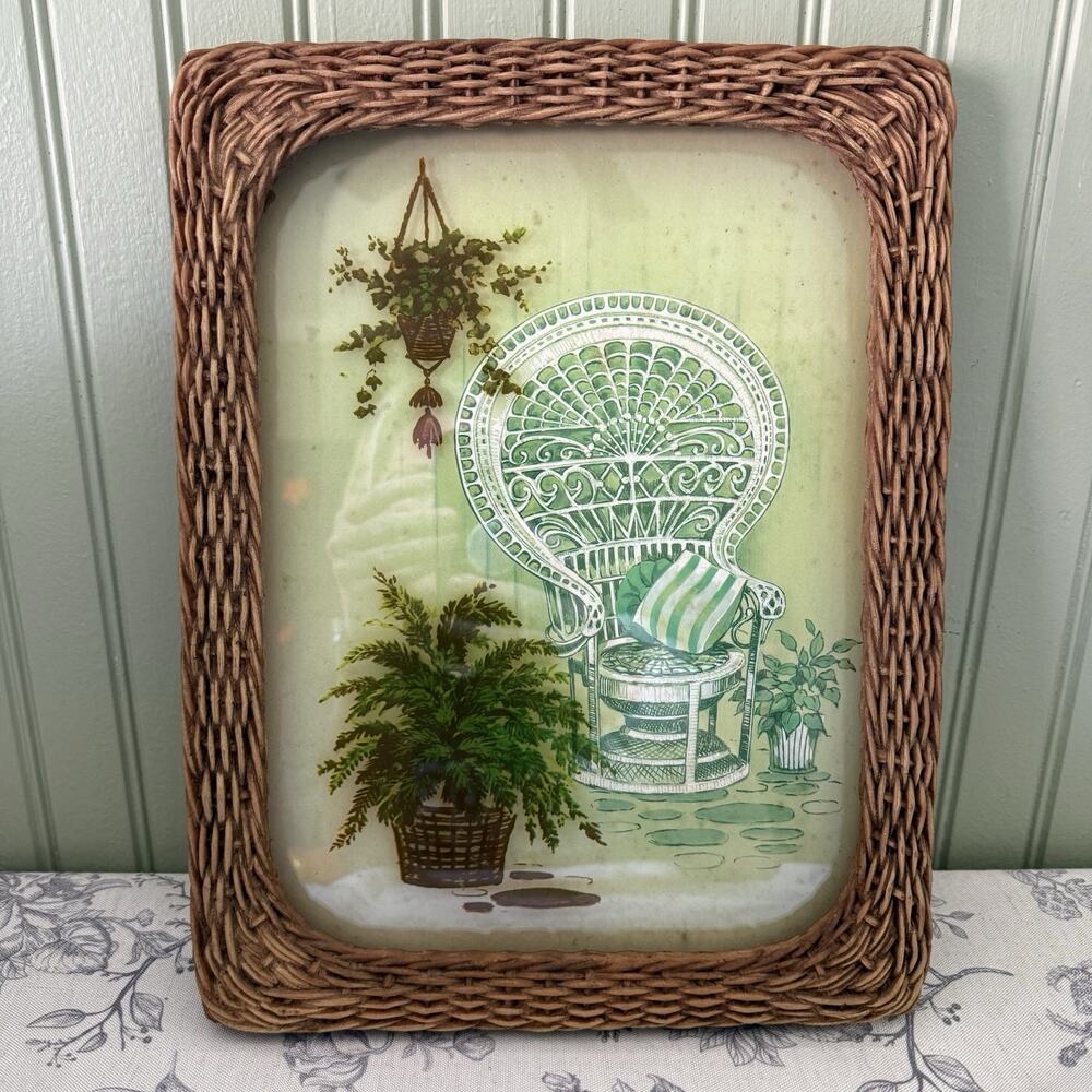 VTG 70s Rattan Frame Peacock Chair Plants Boho Reverse Paint Wall Art 10x13